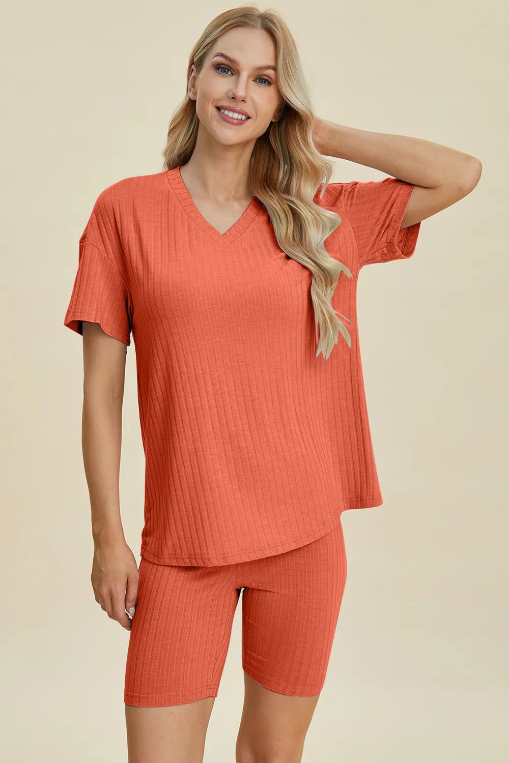 Basic Bae Full Size Ribbed V - Neck Short Sleeve Top and Shorts Set - PBNJ FASHIONS