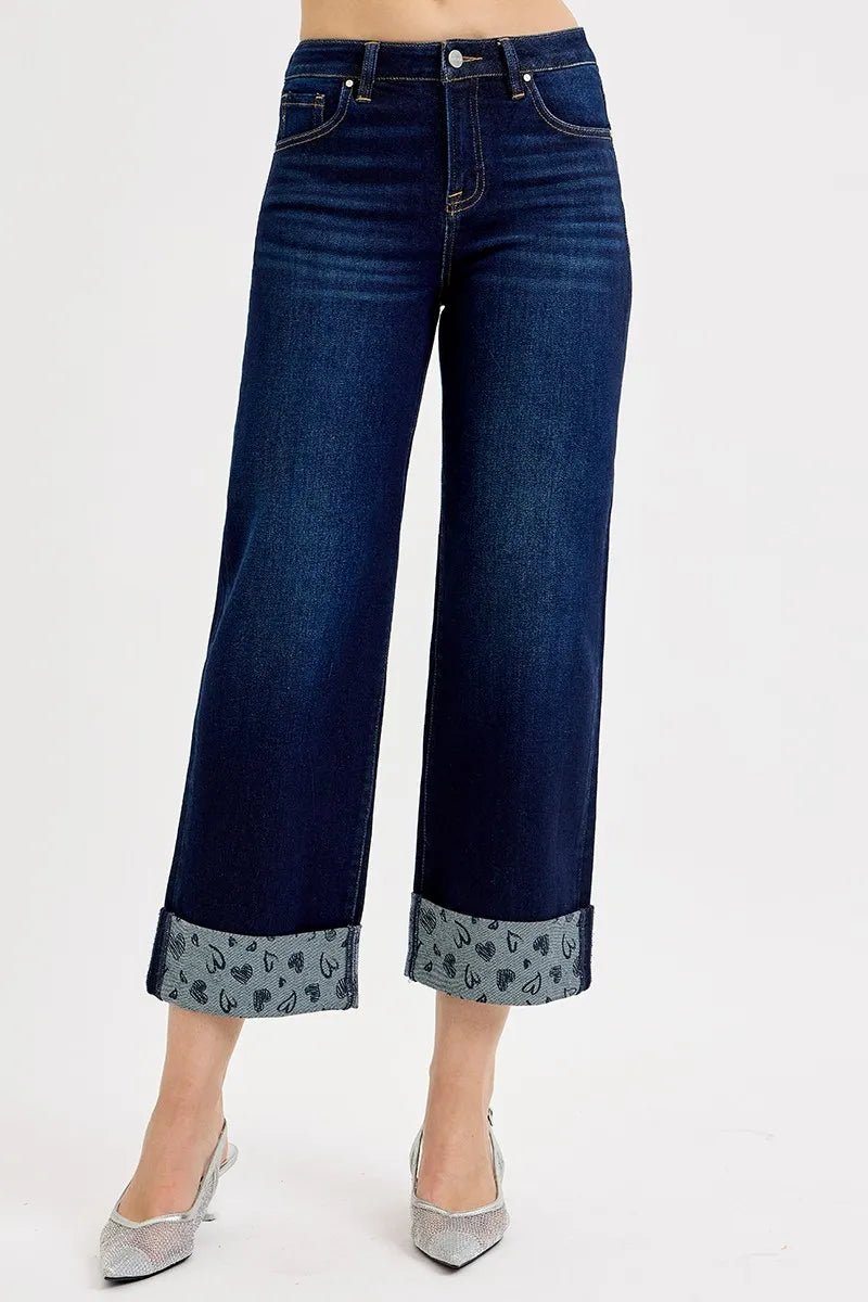 RISEN Full Size Mid Rise Fit Crop Wide With Printed Cuff Jeans Plus Size - PBNJ FASHIONS