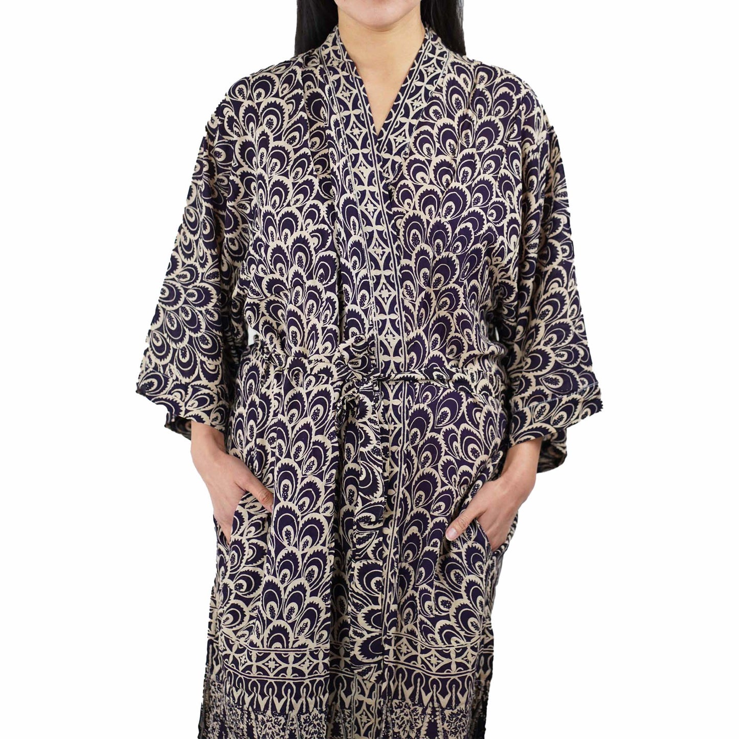 Handmade Batik Robe Kimono, 100% Cotton Soft, Hand Dyed, Black Gray Peacock