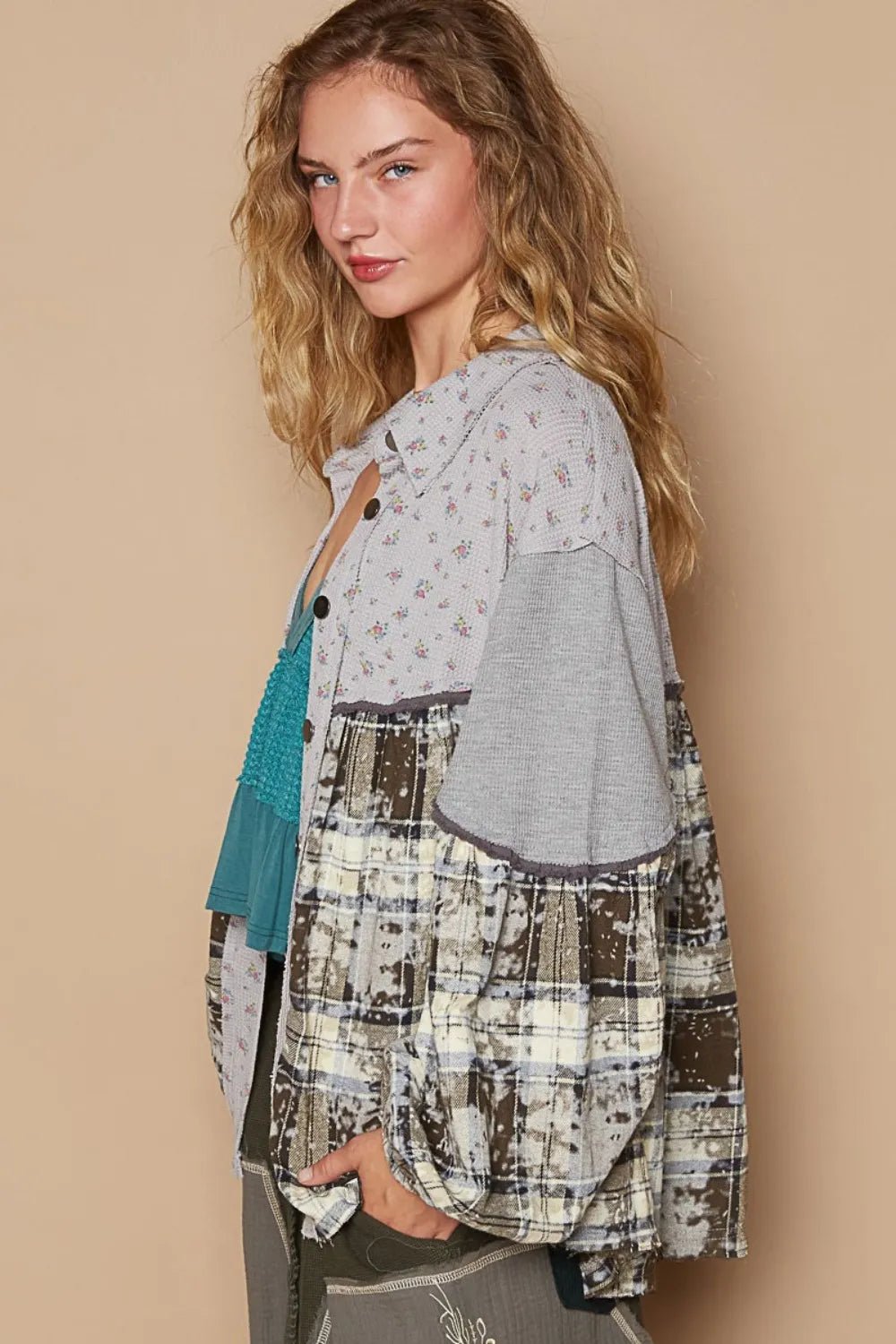 POL Balloon Sleeve Floral Color Block Plaid Shirt - PBNJ FASHIONS