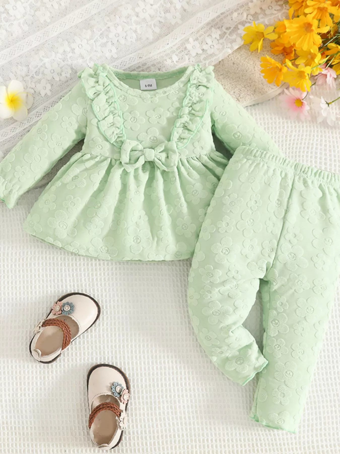 Children's Floral Embossed Ruffle Trim Top and Pants Set - PBNJ FASHIONS