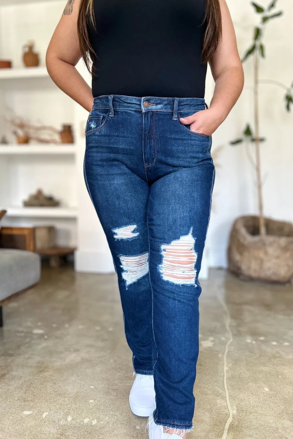 Judy Blue Full Size High Waist Rigid Magic Heavy Destroy Straight Jeans - PBNJ FASHIONS