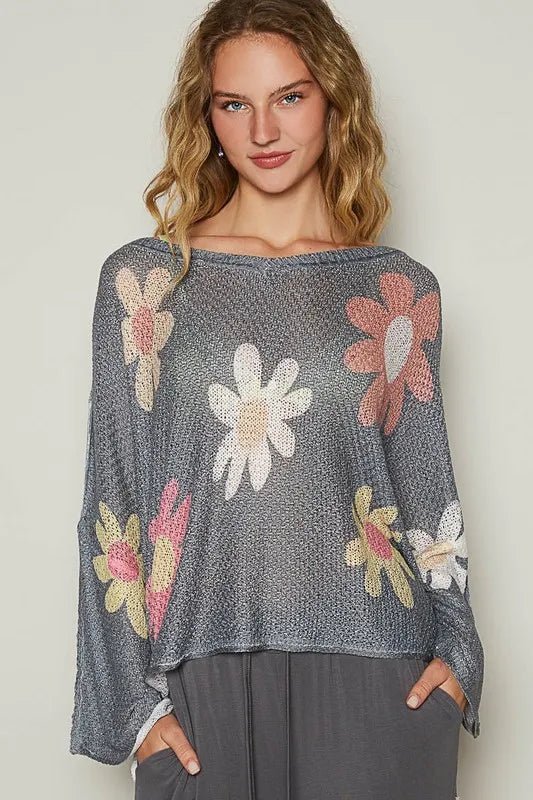 POL Flower Dropped Shoulder Long Sleeve Knit Top - PBNJ FASHIONS
