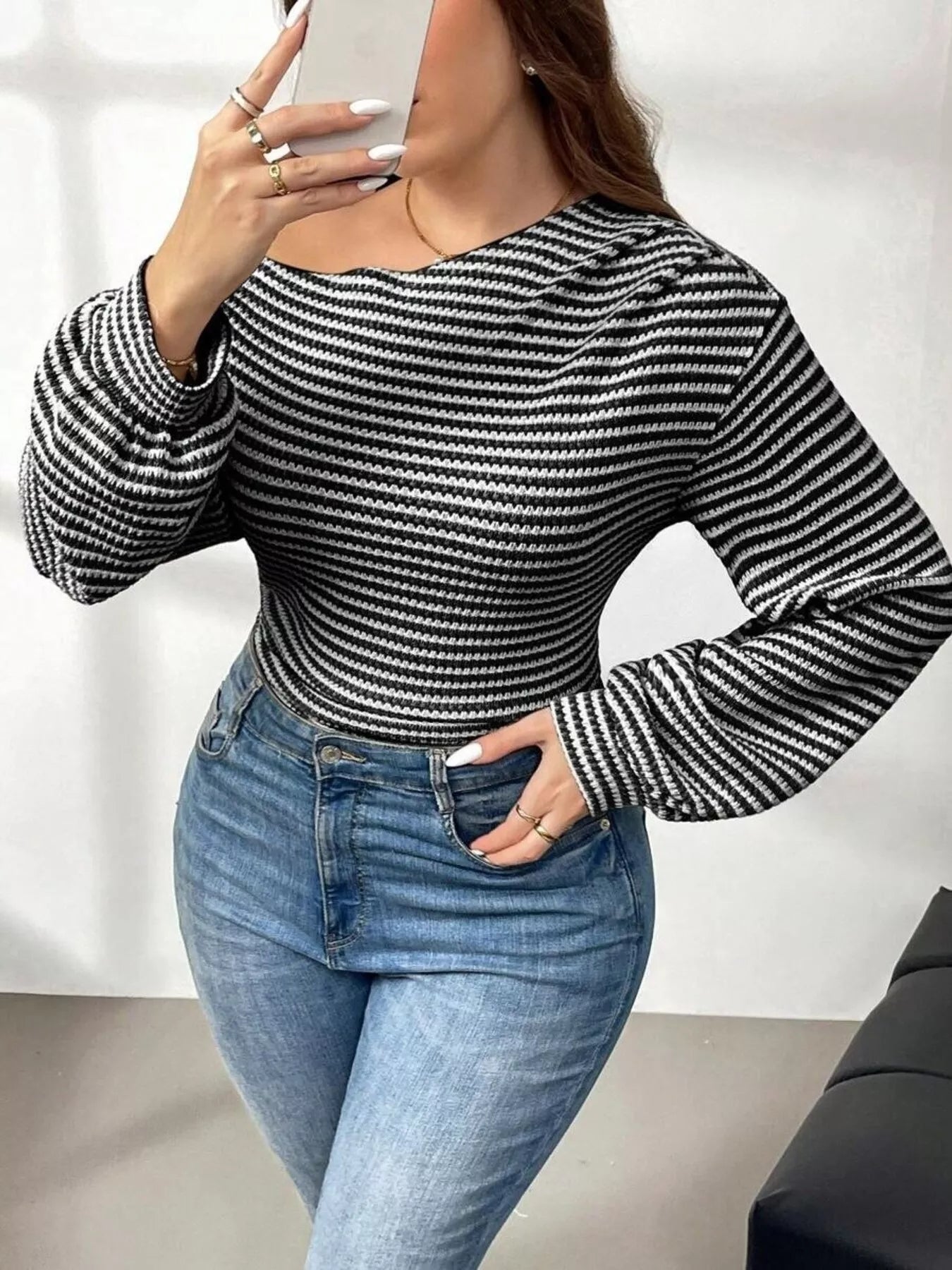 Plus Size Striped One - Shoulder Long Sleeve T-Shirt - PBNJ FASHIONS
