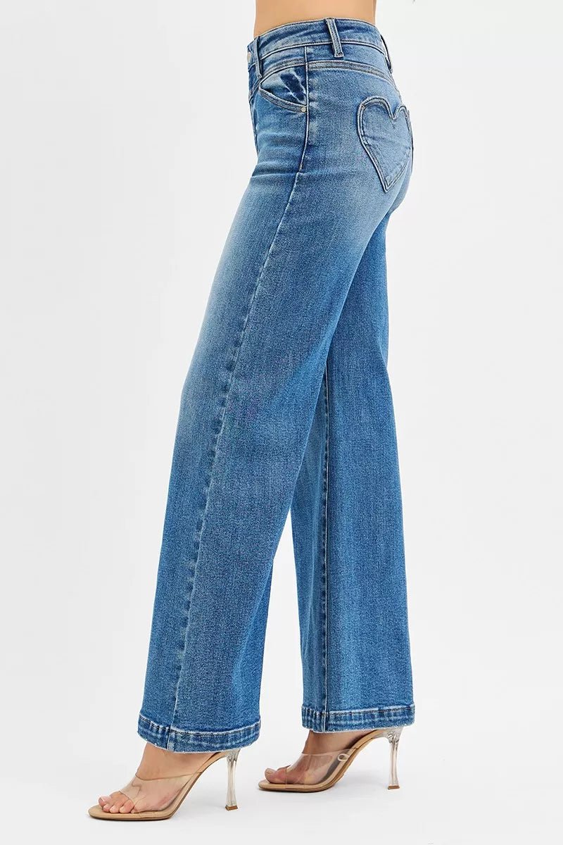 RISEN High Rise Wide Leg Jenas with Front Yoke and Heart Back Pocket - PBNJ FASHIONS