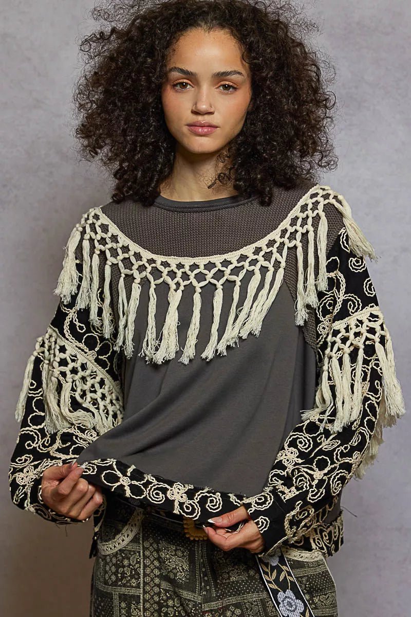 POL Contrast Floral Embroidery Balloon Sleeve Top with Tassel Trim - PBNJ FASHIONS