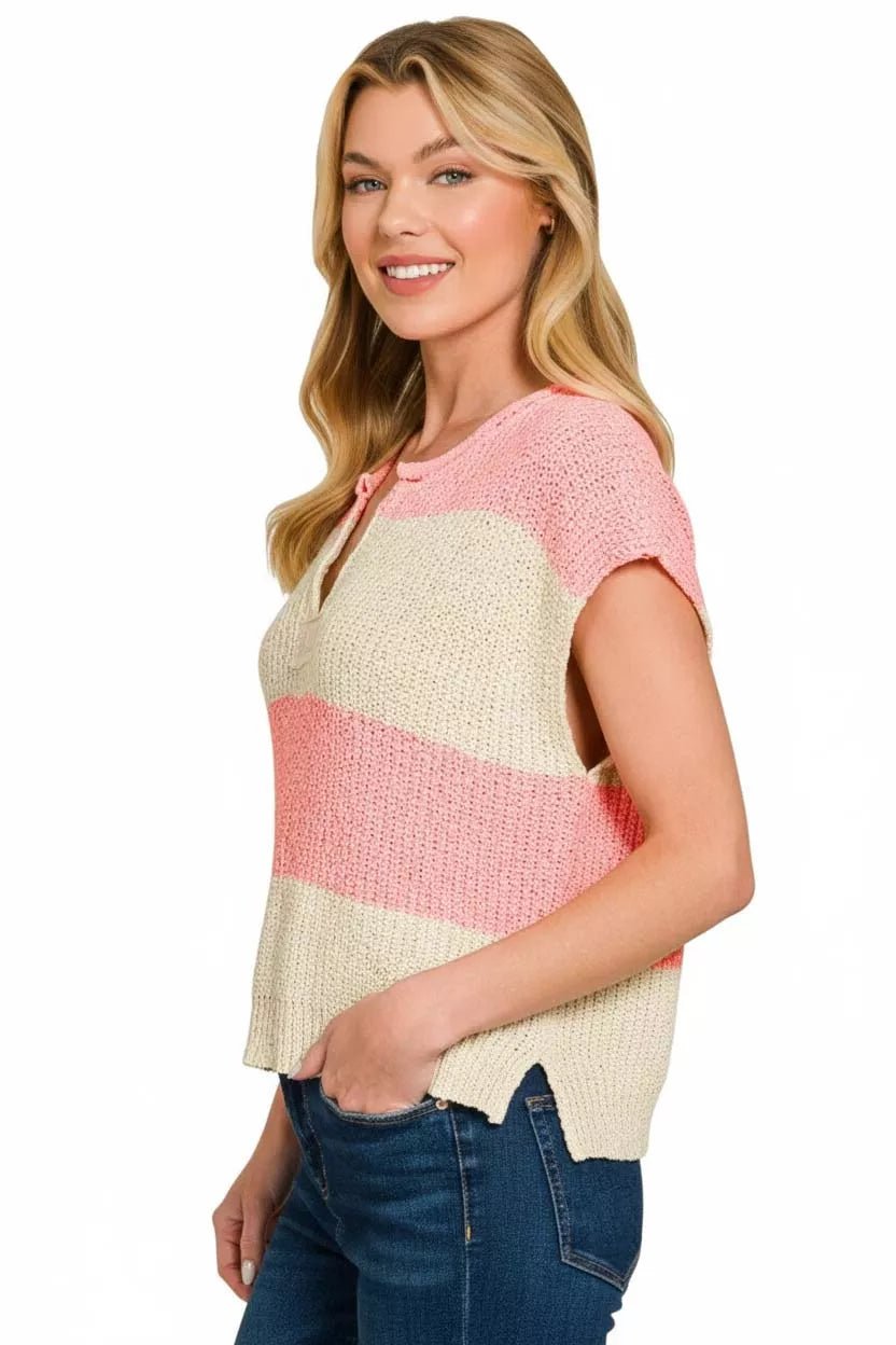 Zenana Split Neck Sleeveless Stripe Sweater - PBNJ FASHIONS