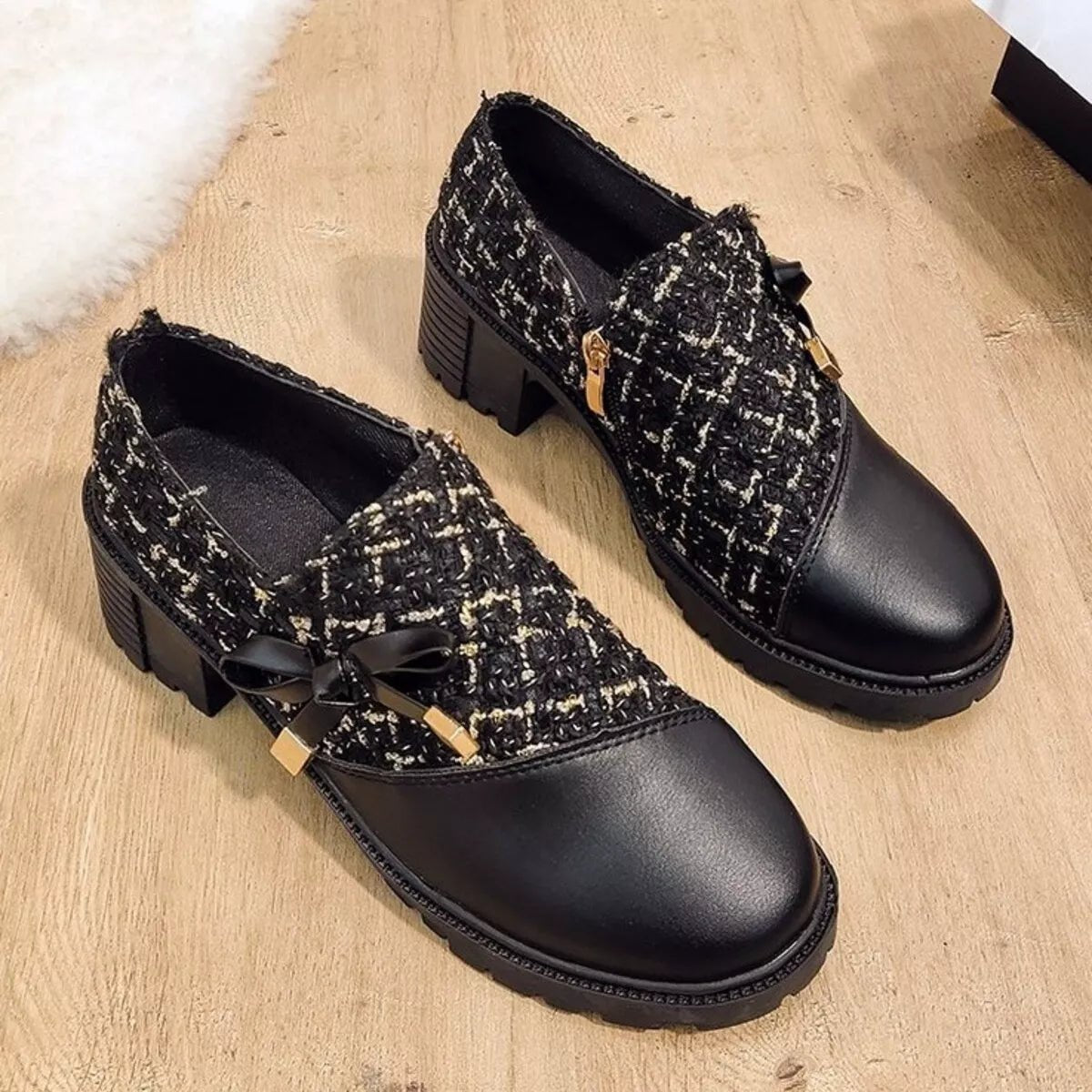 Round Toe Block Heel Boots - Mid Heels, PU Leather & Fluff Material - Size 36-42 (US5-US10.5) - Black