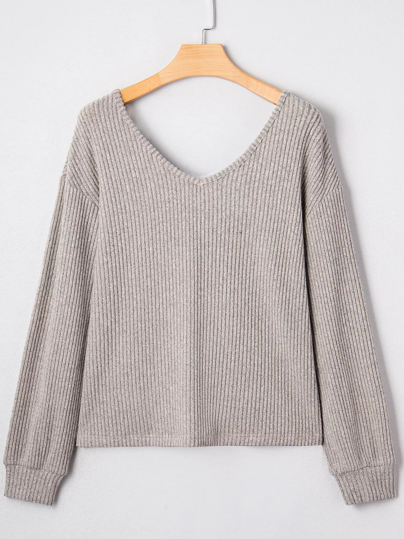 Ribbed V Neck Contrast Ribbon Bow Back Drop Shoulder Long Sleeve Top - PBNJ FASHIONS