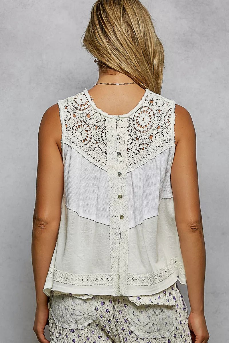 POL Round Neck Sleeveless Top with Crochet Contrast - PBNJ FASHIONS