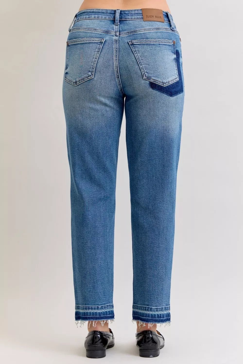 Judy Blue Full Size Mid Rise Bf Patch & Repair Destroy Release Hem Jeans Plus Size - PBNJ FASHIONS