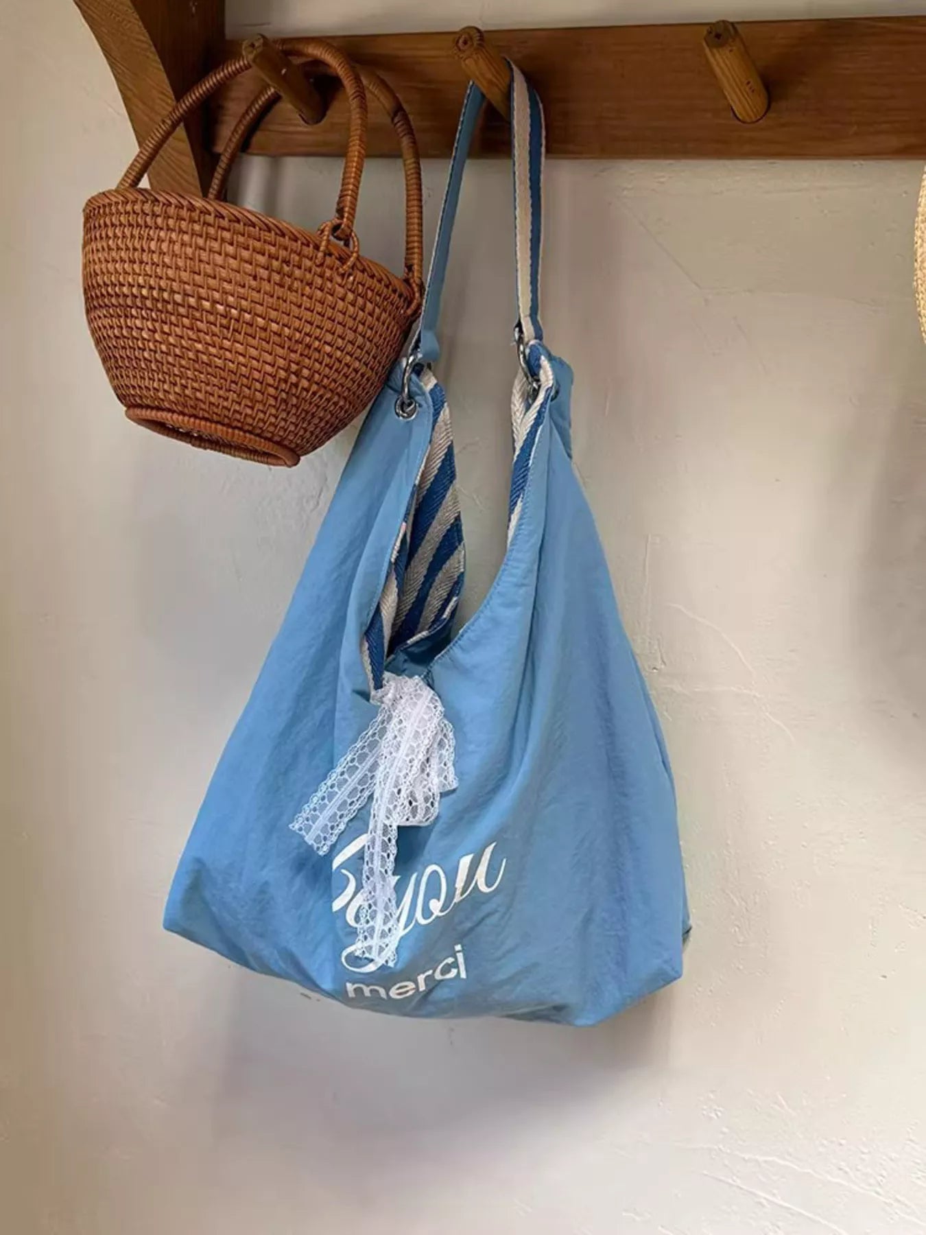 Canvas Tote Bag - Chic Striped Design - Sky BlueOne SizeFashionable Purses
