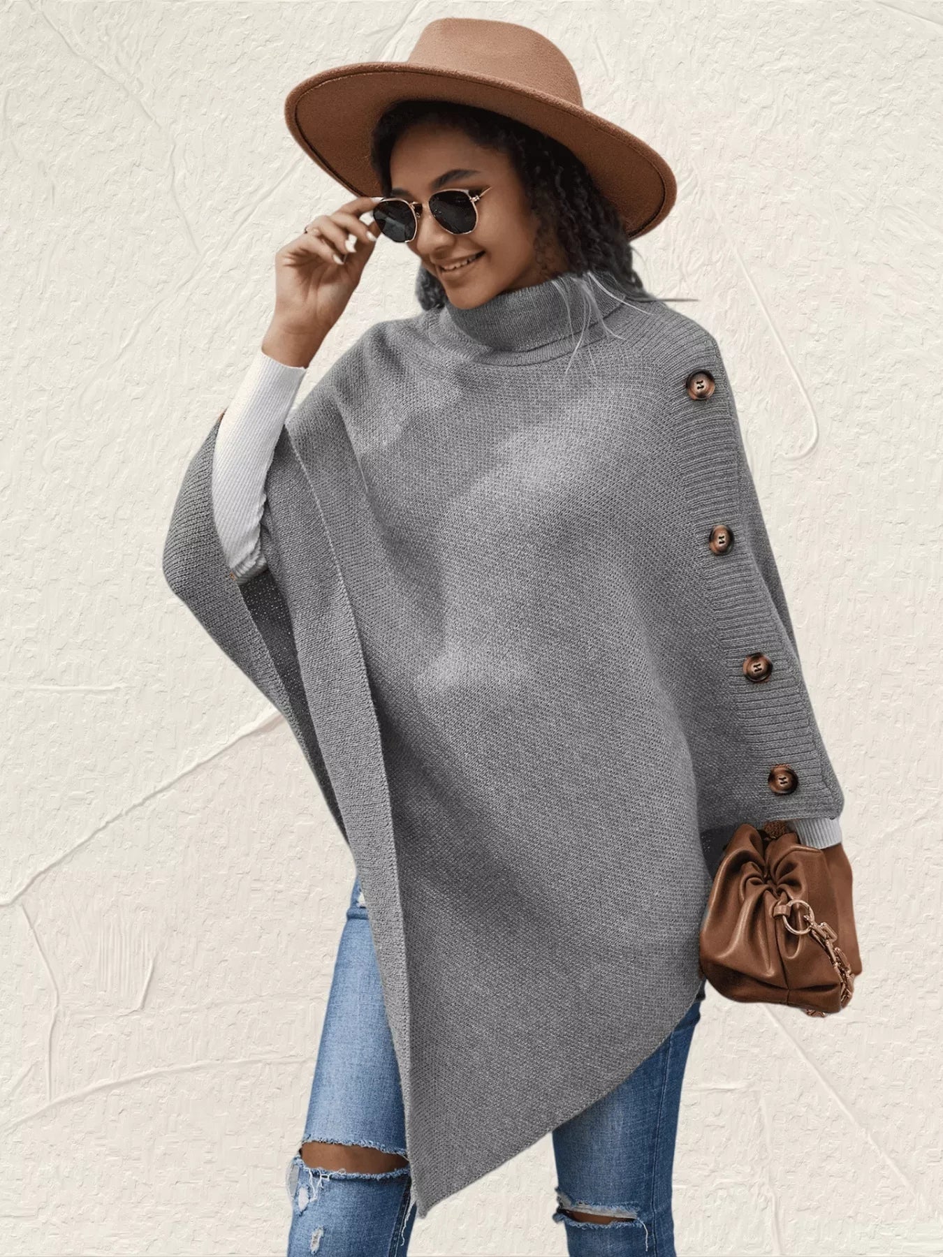 Button - Decor Turtleneck Poncho Pullover - PBNJ FASHIONS
