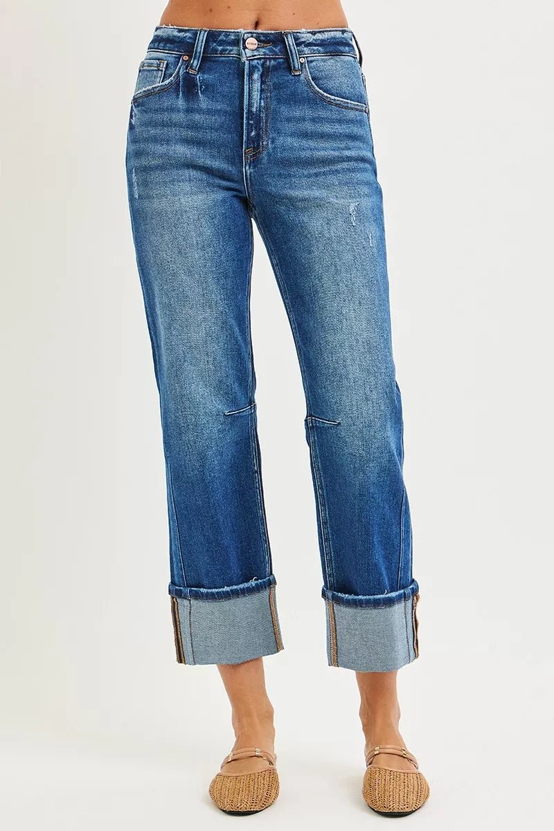 RISEN High Rise Straight Jeans with Distressed Hem - PBNJ FASHIONS