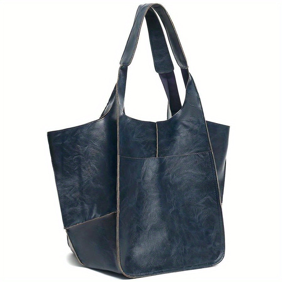 Large Capacity Retro PU Tote Bag For Women - Spacious & Stylish Handbag With Handy Front Pocket For Work, Travel & Everyday Chic