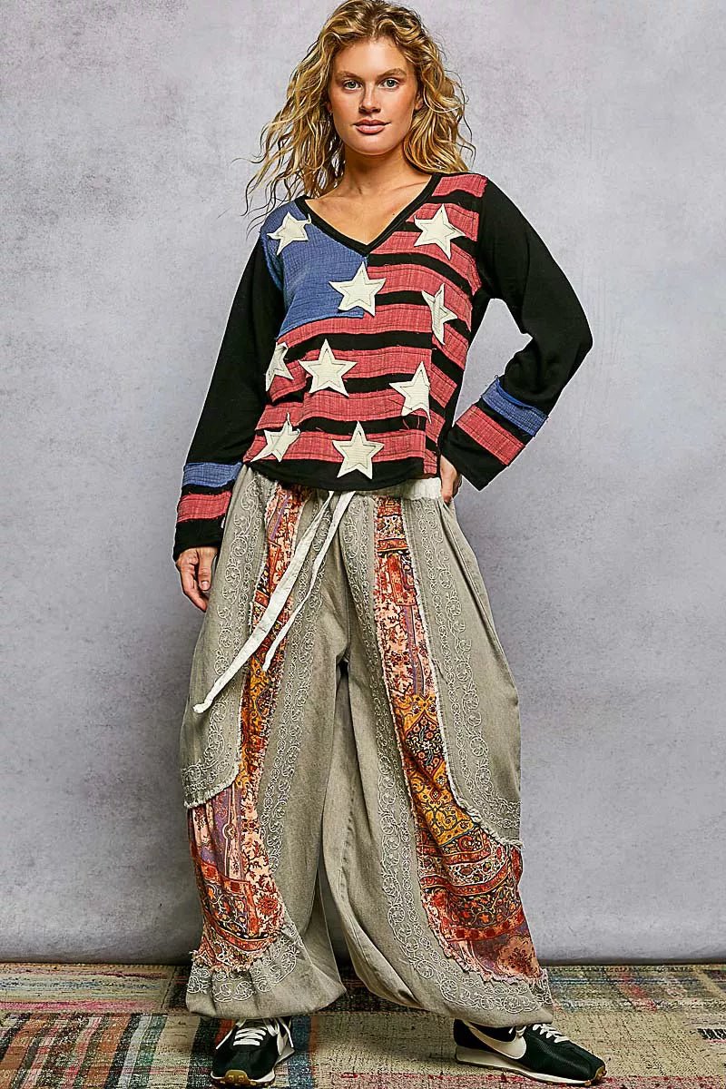 POL Double Gauze American Flag Patch V - Neck Long Sleeve T-Shirt - PBNJ FASHIONS