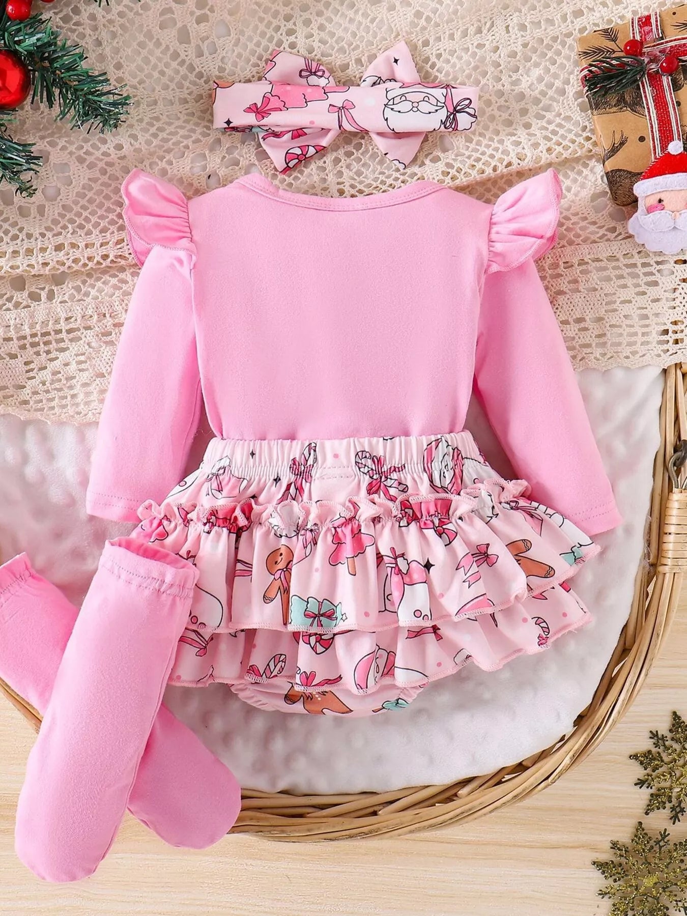 Children's Christmas Ruffled Long Sleeve Top and Skirt Set with Headband - PBNJ FASHIONS