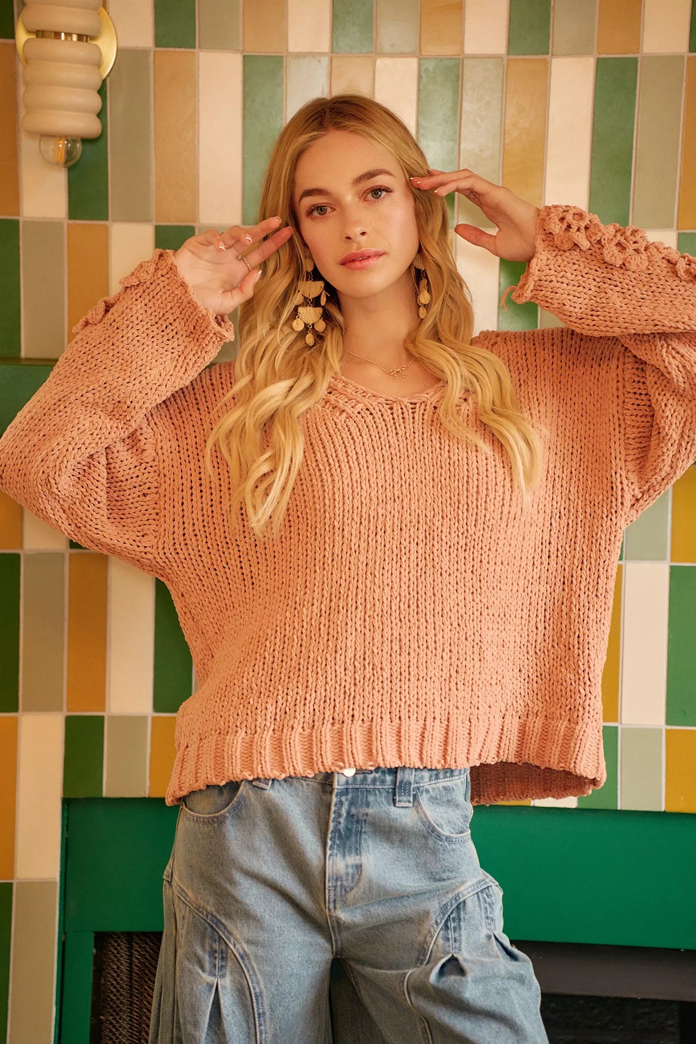 BiBi Chunky Knit Sweater with Flower Detail Sleeves - PBNJ FASHIONS