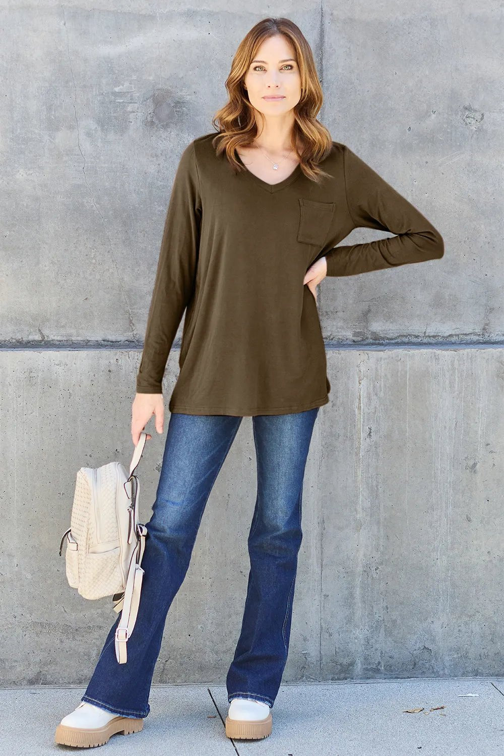 Basic Bae Full Size V - Neck Long Sleeve Top - PBNJ FASHIONS