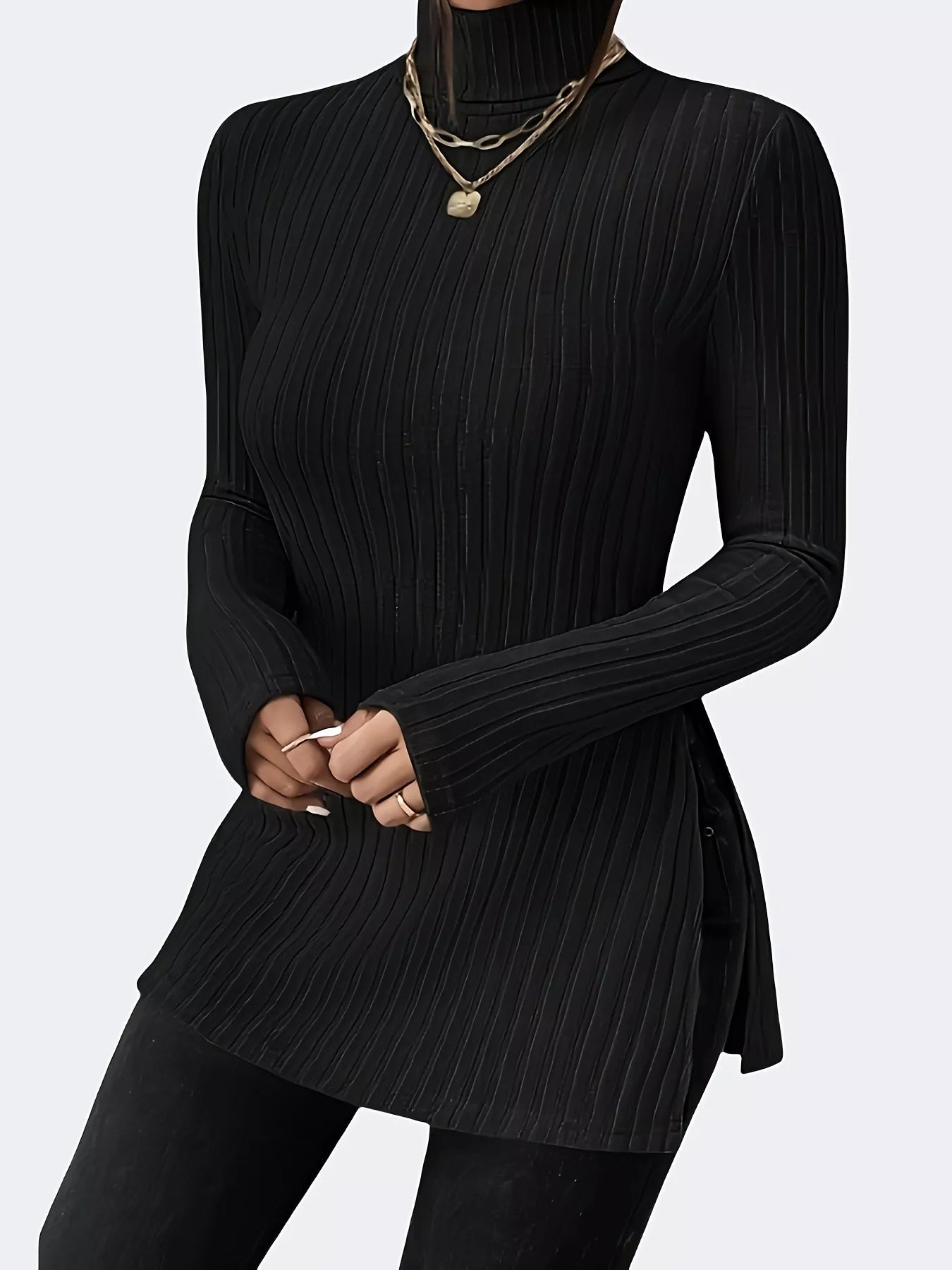Plus Size Slit Ribbed Turtleneck Long Sleeve T-Shirt - PBNJ FASHIONS
