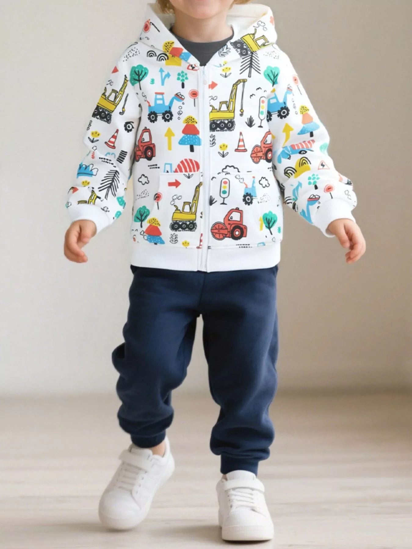 Children's Cartoon Construction Vehicle Print Zip - Up Jacket - PBNJ FASHIONS