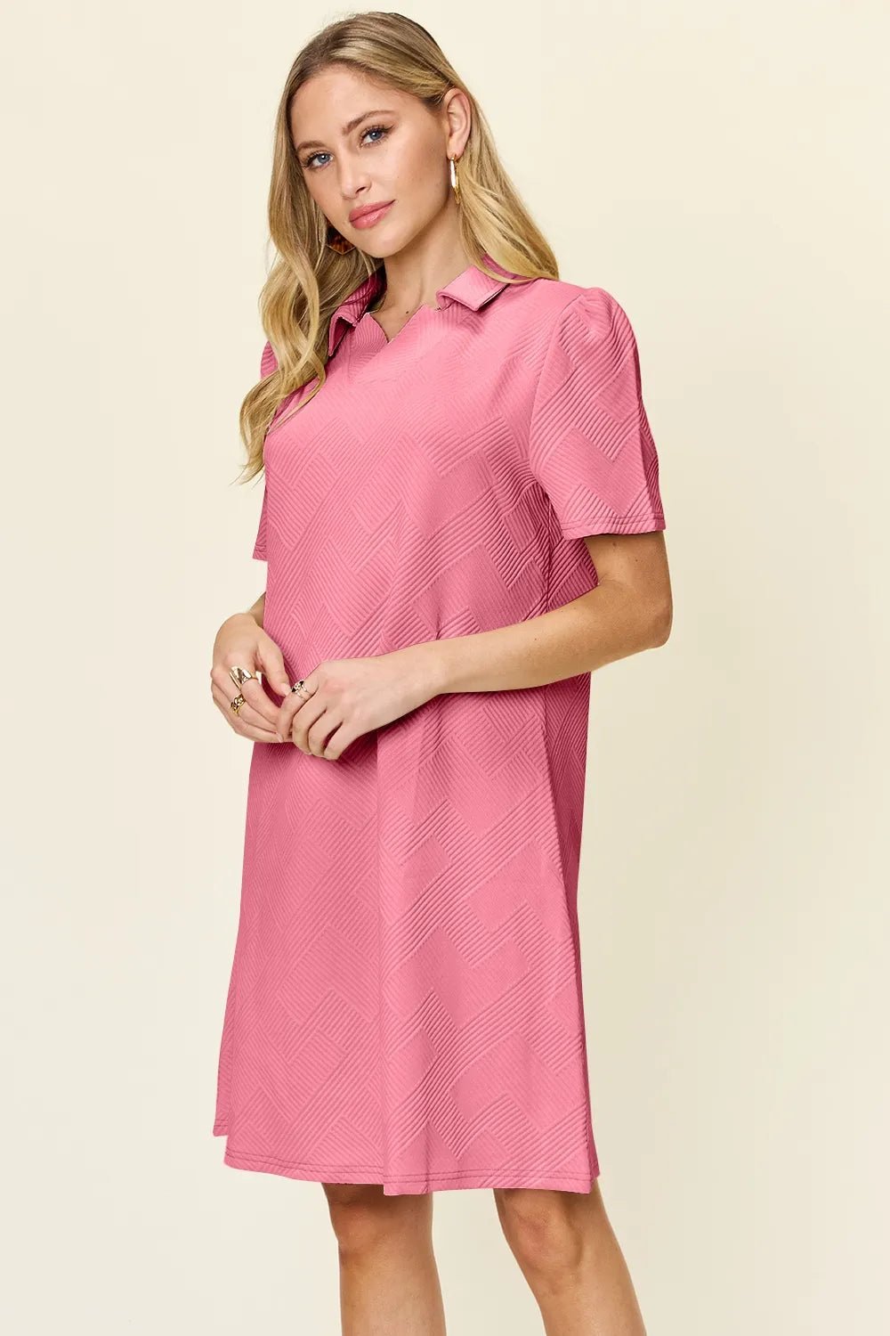 Double Take Full Size Texture Collared Neck Short Sleeve Dress - PBNJ FASHIONS