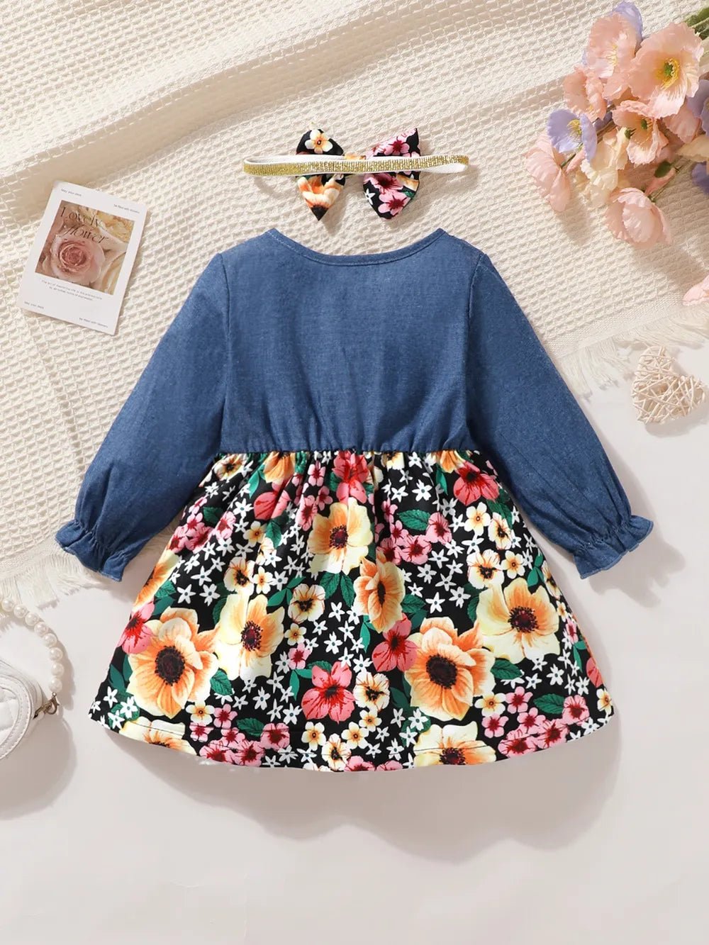 Children's Ruffled Bow Contrast Floral Dress with Headband - PBNJ FASHIONS