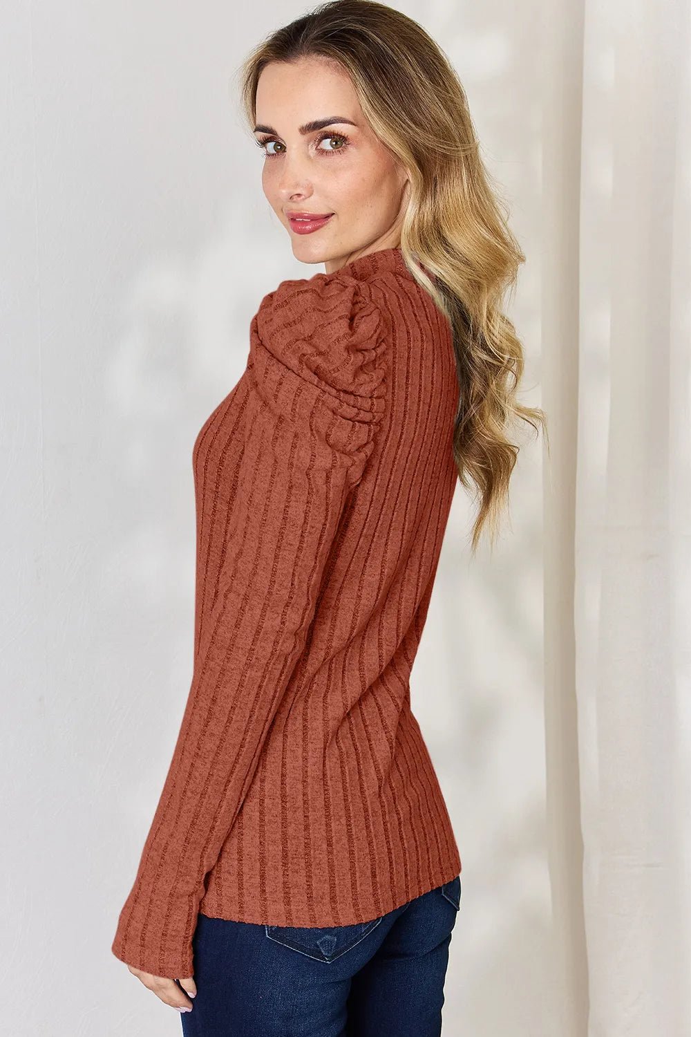 Basic Bae Full Size Ribbed Mock Neck Puff Sleeve T-Shirt - PBNJ FASHIONS
