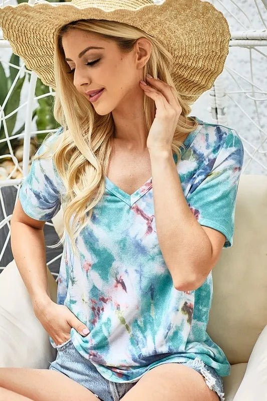 BiBi Tie Dye Terry V Neck Top - PBNJ FASHIONS