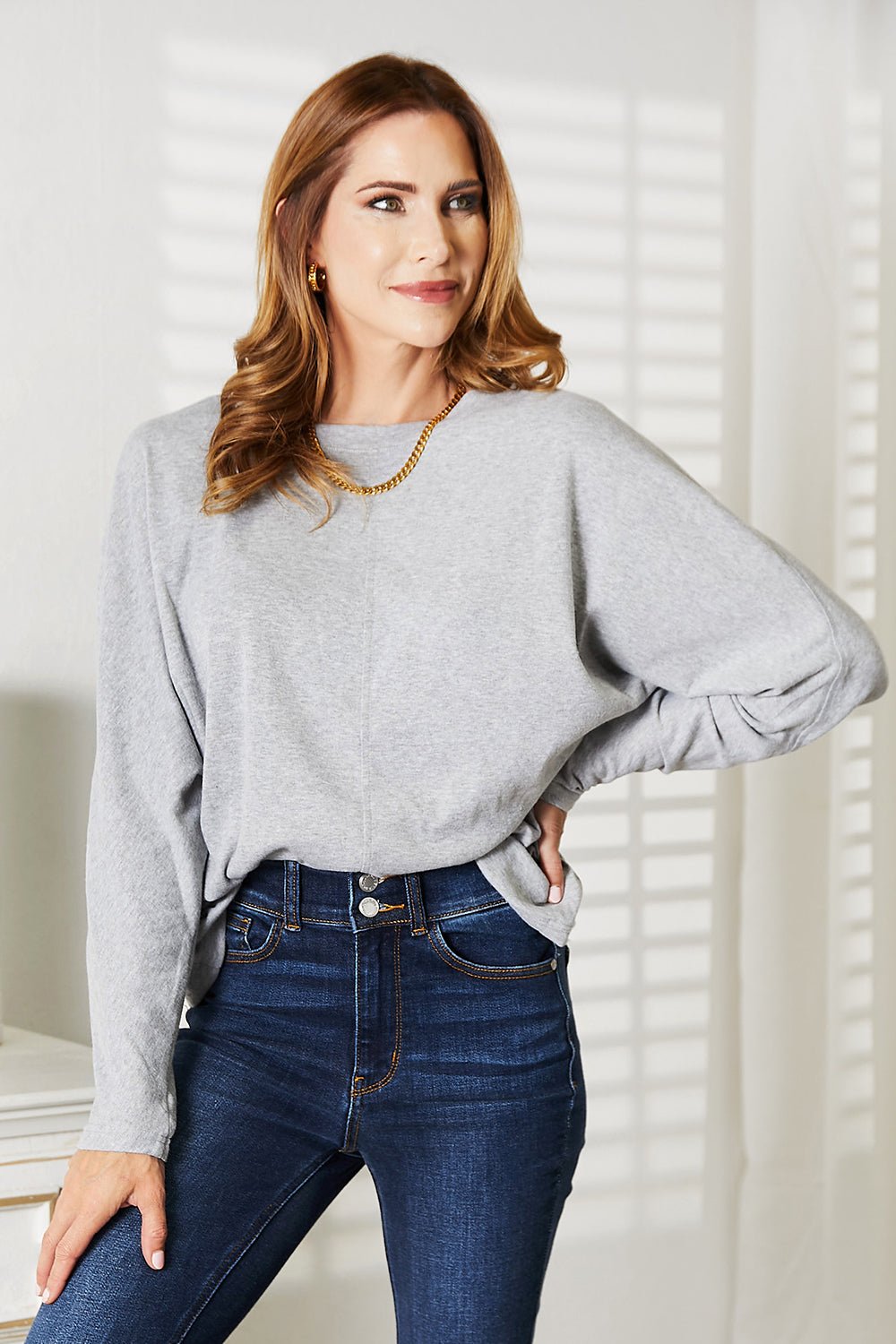 Double Take Seam Detail Round Neck Long Sleeve Top - PBNJ FASHIONS