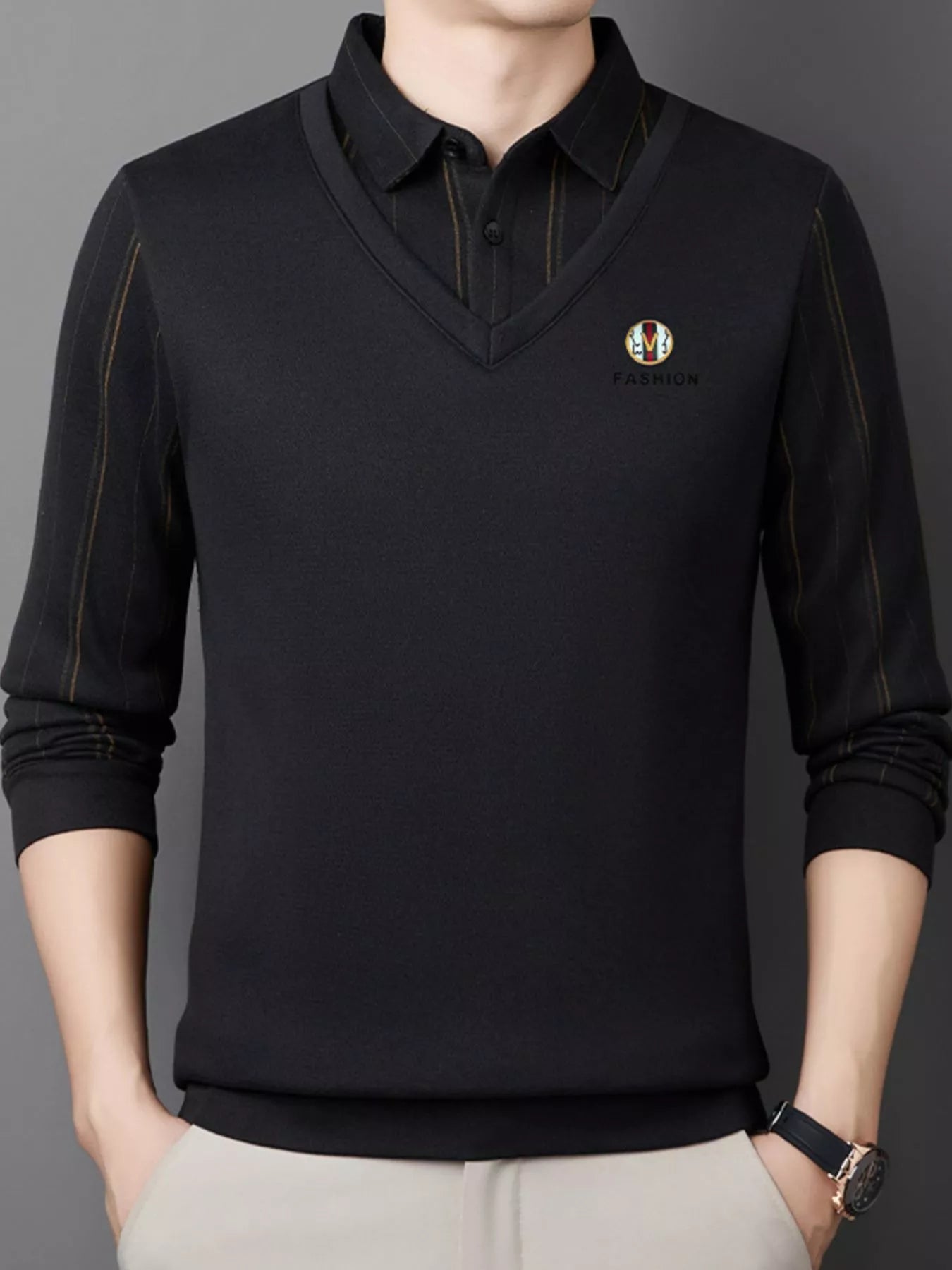 Men's Plus Size Layered Style Long Sleeve Polo - PBNJ FASHIONS