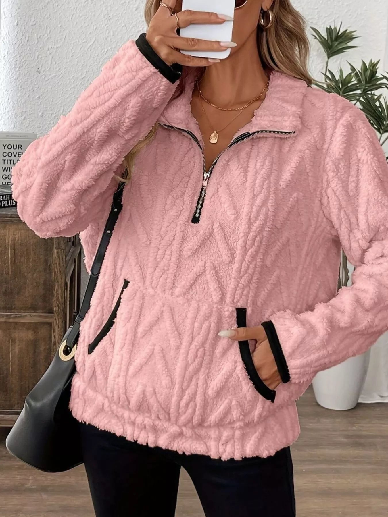 Full Size Half Zip Kangaroo Pocket Sweatshirt Plus Size - PBNJ FASHIONS