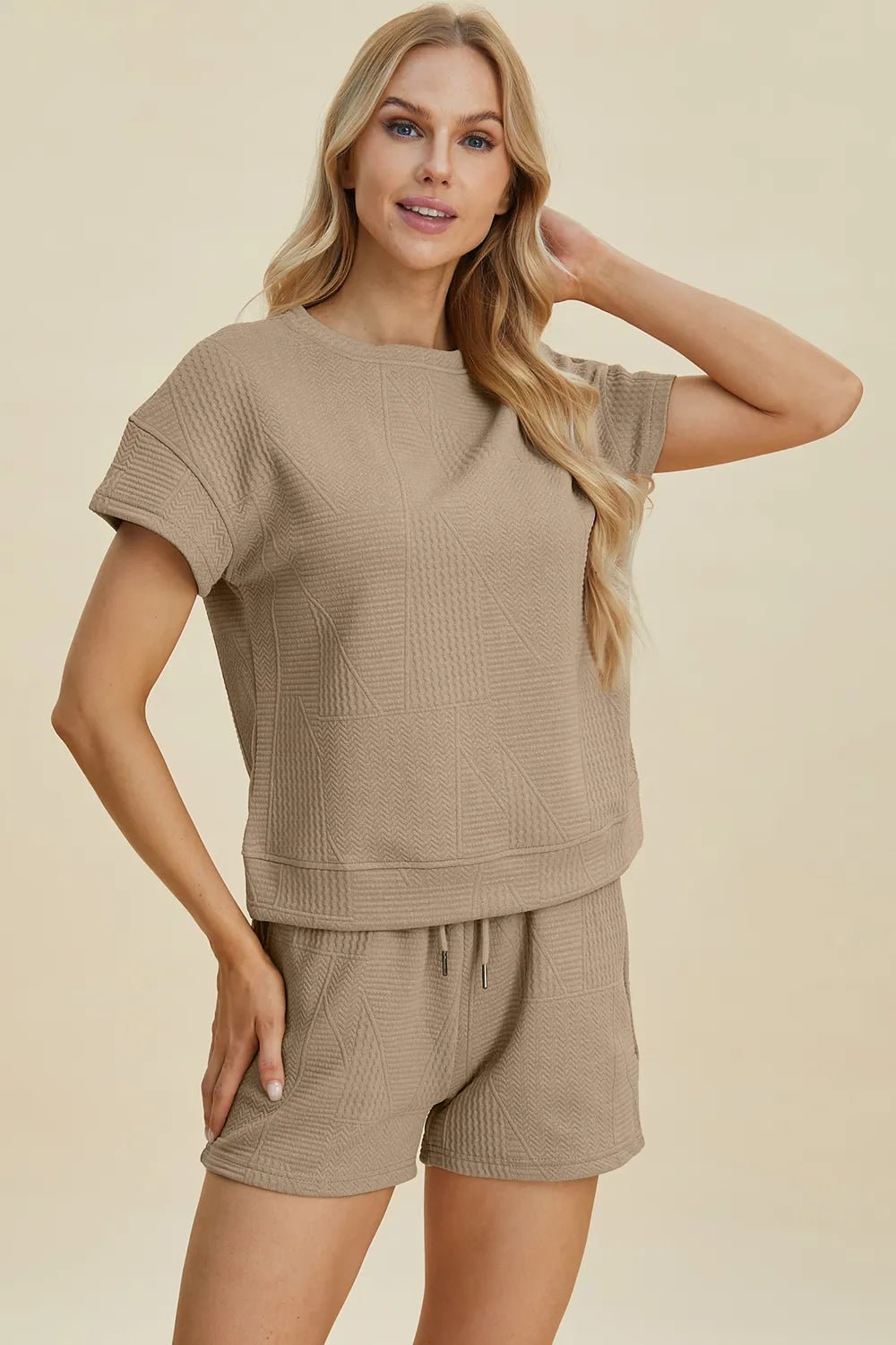 Double Take Full Size Texture Short Sleeve Top and Shorts Set - PBNJ FASHIONS