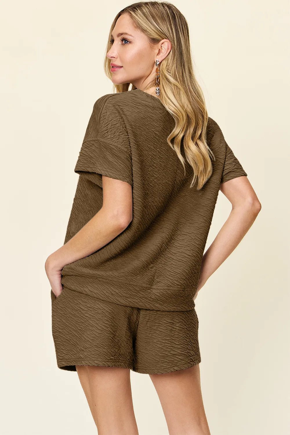 Double Take Full Size Texture Short Sleeve T-Shirt and Drawstring Shorts Set - PBNJ FASHIONS