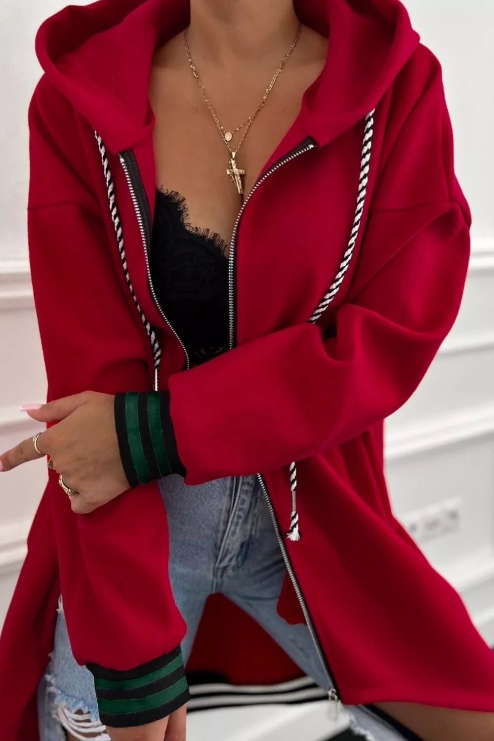 Contrast Cuffed Drop Shoulder Zip Up Hoodie - PBNJ FASHIONS