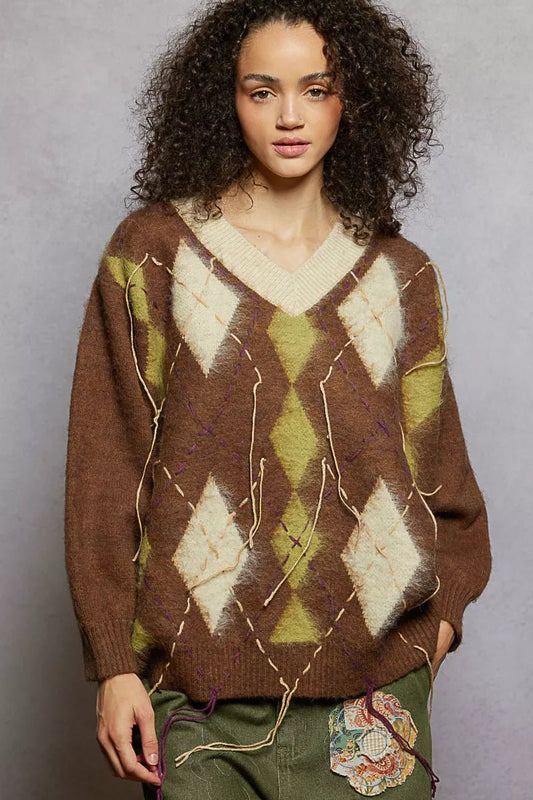 POL V - Neck Argyle Pattern Mohair Sweater with Contrast Exposed Stitch Detail - PBNJ FASHIONS