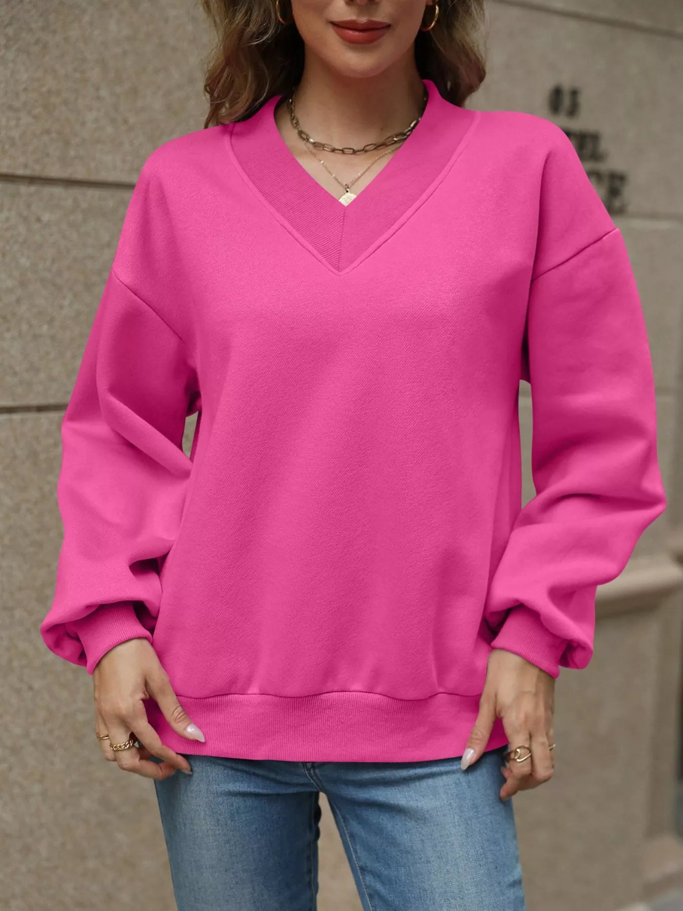 V - Neck Solid Color Casual Sweatshirt - PBNJ FASHIONS