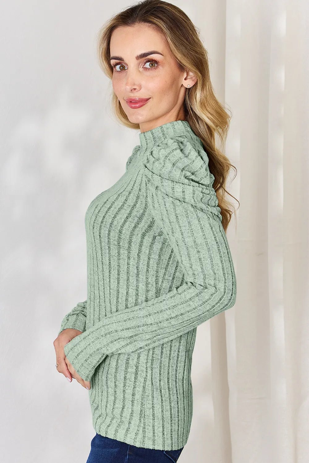 Basic Bae Full Size Ribbed Mock Neck Puff Sleeve T-Shirt - PBNJ FASHIONS
