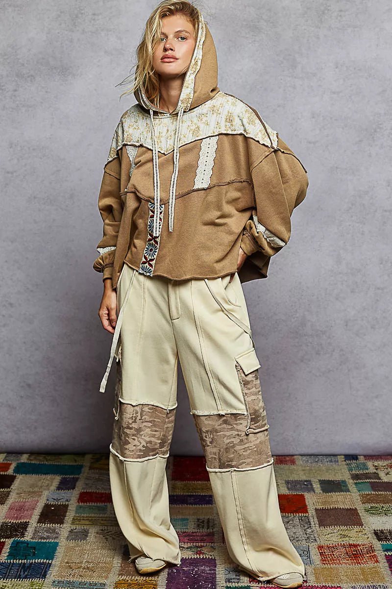 POL Drawstring French Terry Hoodie with Gauze Print Patch - PBNJ FASHIONS