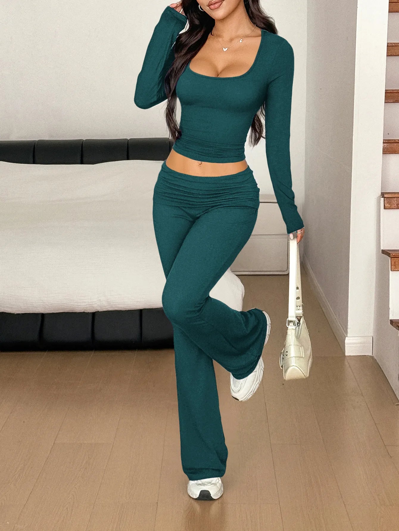 Long Sleeve Crop Top and Bootcut Pants Set - PBNJ FASHIONS