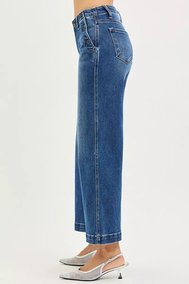 RISEN High Rise Wide Leg Jeans With Pocket Button Detail - PBNJ FASHIONS