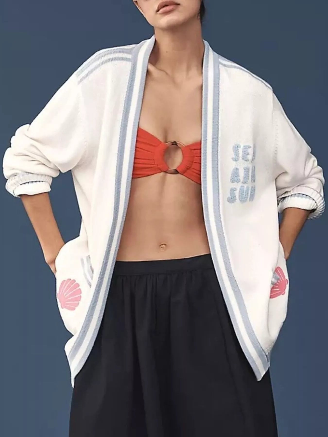 Seashell Open Front Cardigan with Embroidery - Gray/white-S- - PBNJ FASHIONS