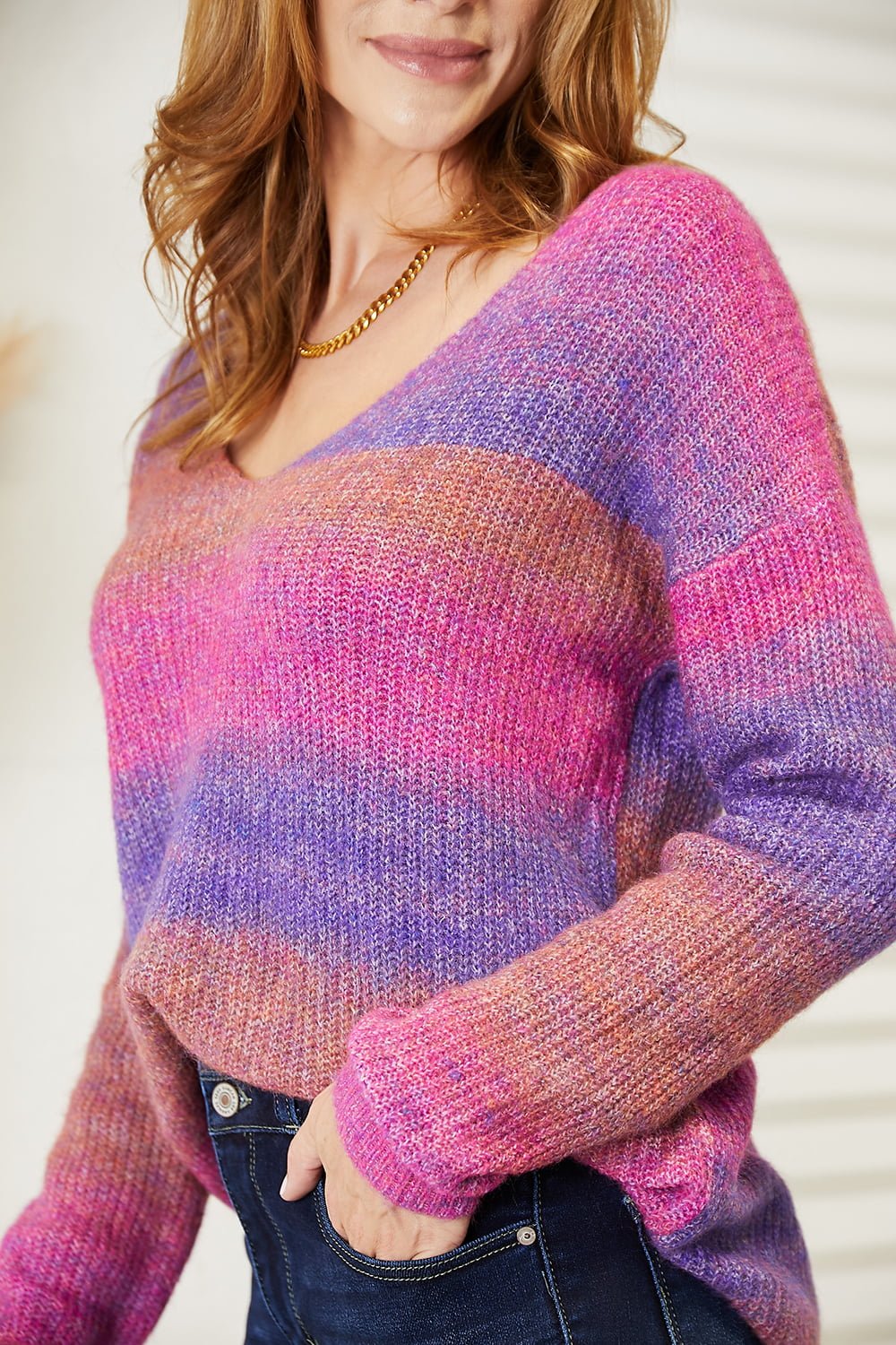 Angel Wings Multicolored Rib - Knit V - Neck Knit Pullover - PBNJ FASHIONS