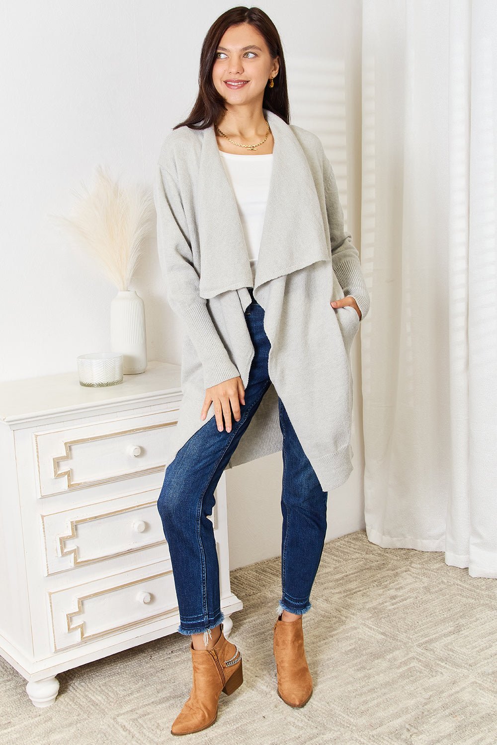 Angel Wings Open Front Duster Cardigan with Pockets - PBNJ FASHIONS