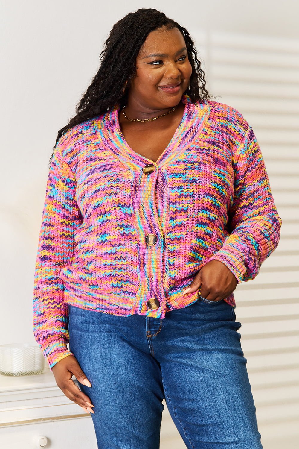 Angel Wings Woven Right V - Neck Long Sleeve Cardigan - PBNJ FASHIONS