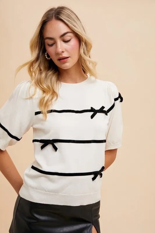 Annie Wear Striped Bow Round Neck Knit Top - PBNJ FASHIONS