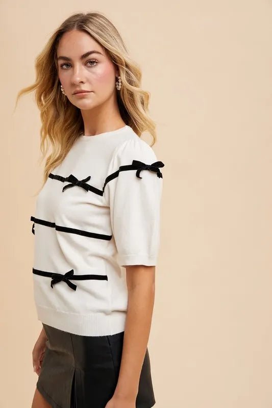 Annie Wear Striped Bow Round Neck Knit Top - PBNJ FASHIONS