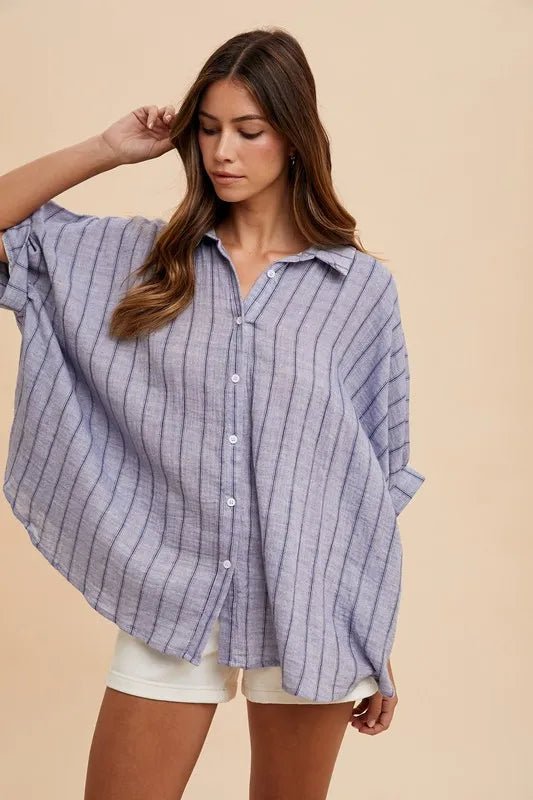 Annie Wear Striped Button Up Half Sleeve Shirt - PBNJ FASHIONS