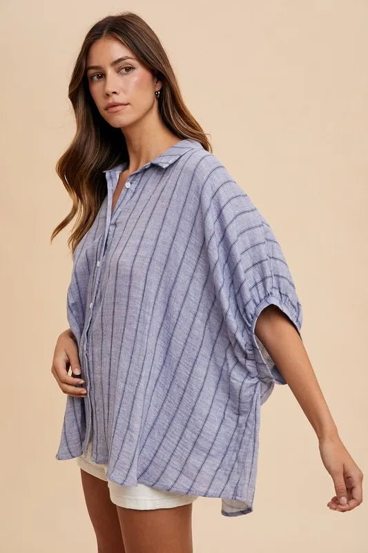 Annie Wear Striped Button Up Half Sleeve Shirt - PBNJ FASHIONS