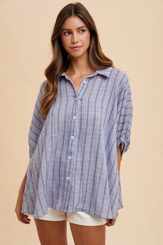 Annie Wear Striped Button Up Half Sleeve Shirt - PBNJ FASHIONS